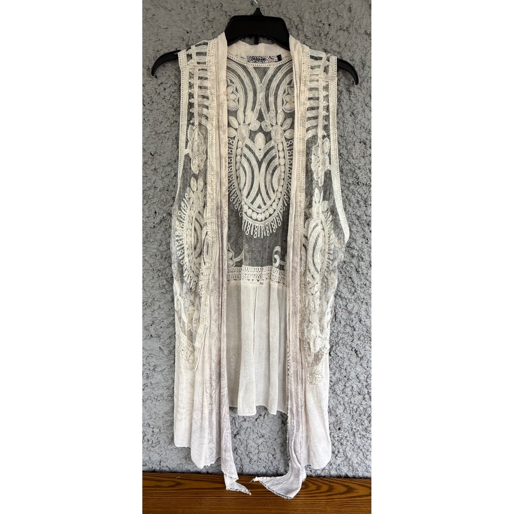 Origami by Wylli Cream Lace Embroidered Longline Vest Boho Open Front M/L